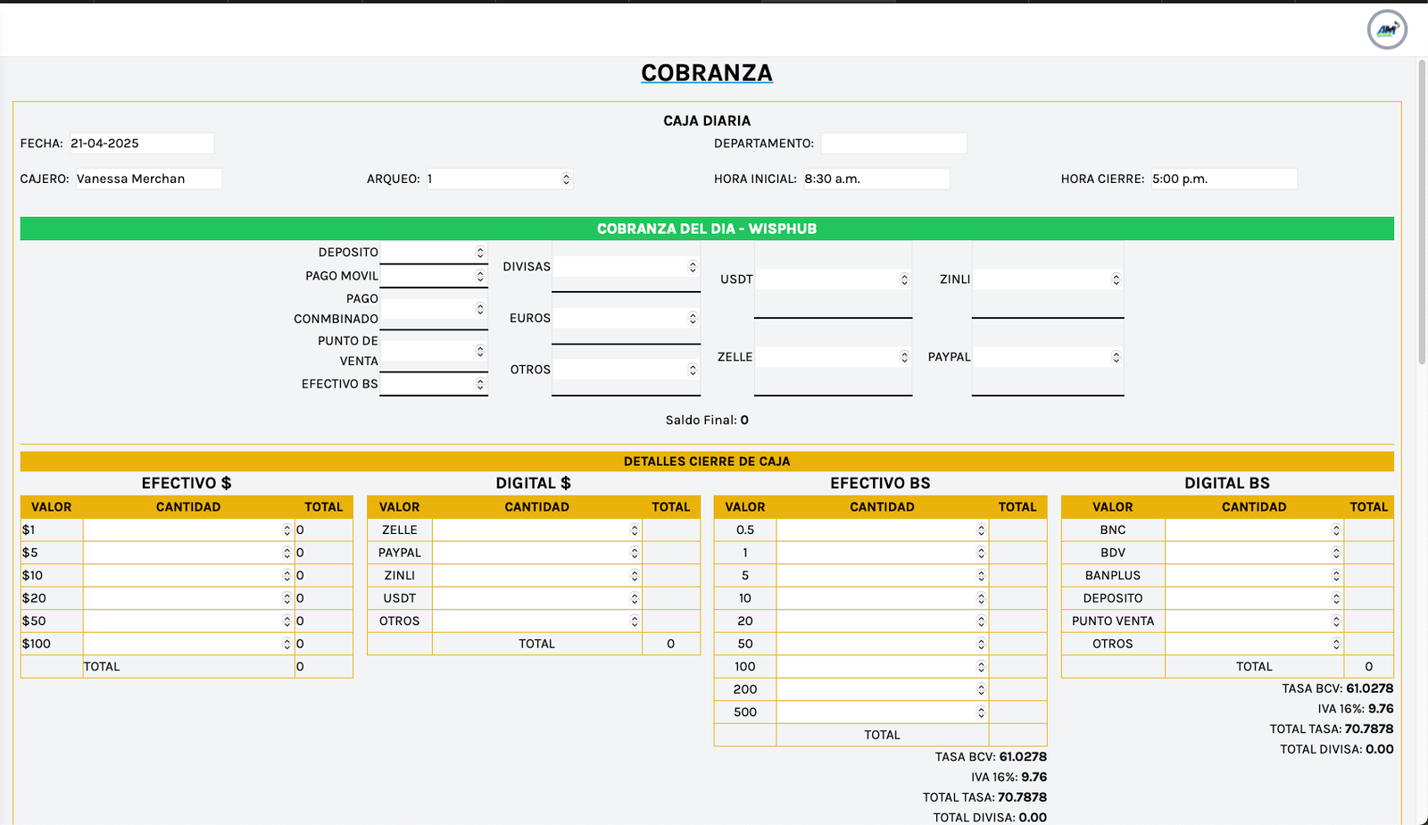 Daily Cash Close app